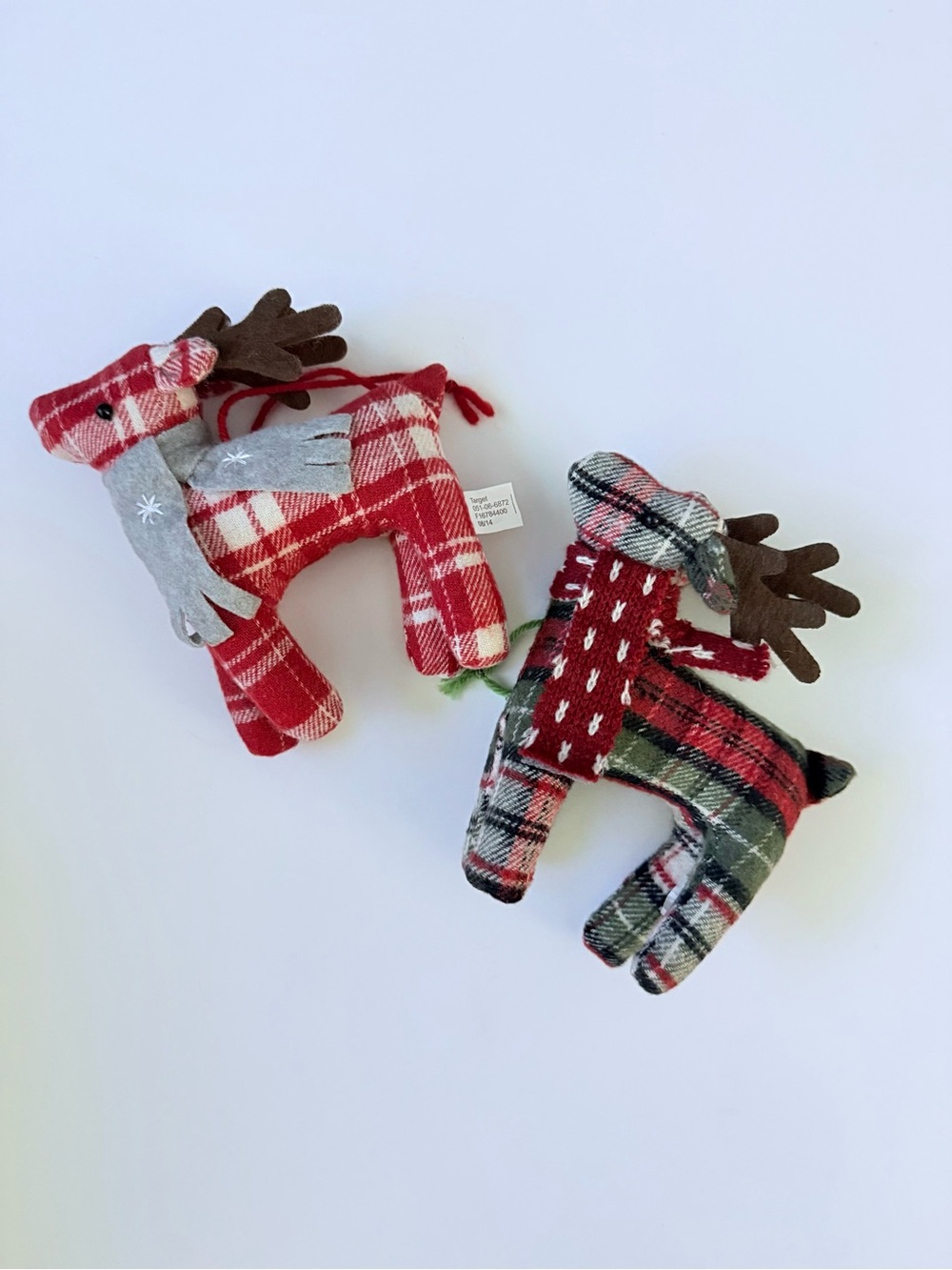 Set of 2–Plaid Reindeer Plush Ornaments